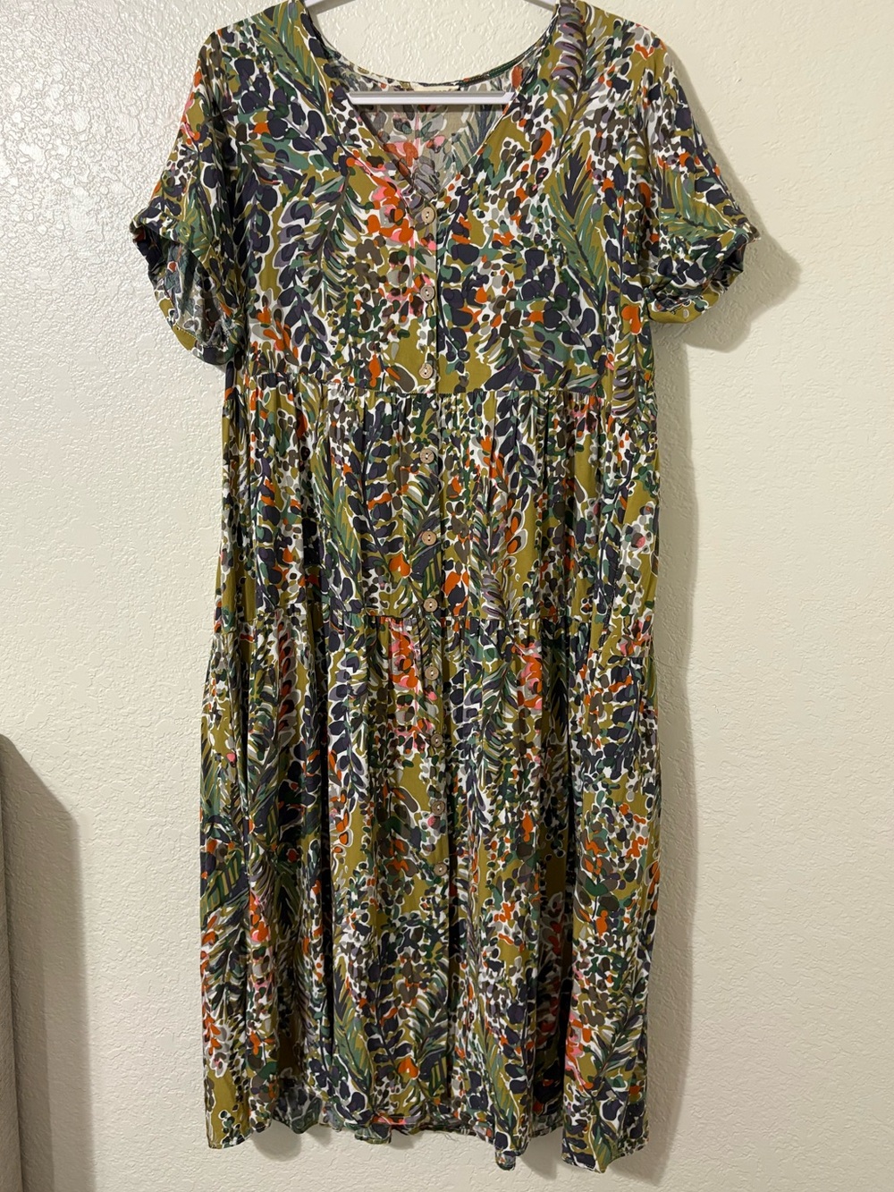 Piper and scoot  Olive Green Floral V-Neck Midi Dress with Orange & Navy Accents